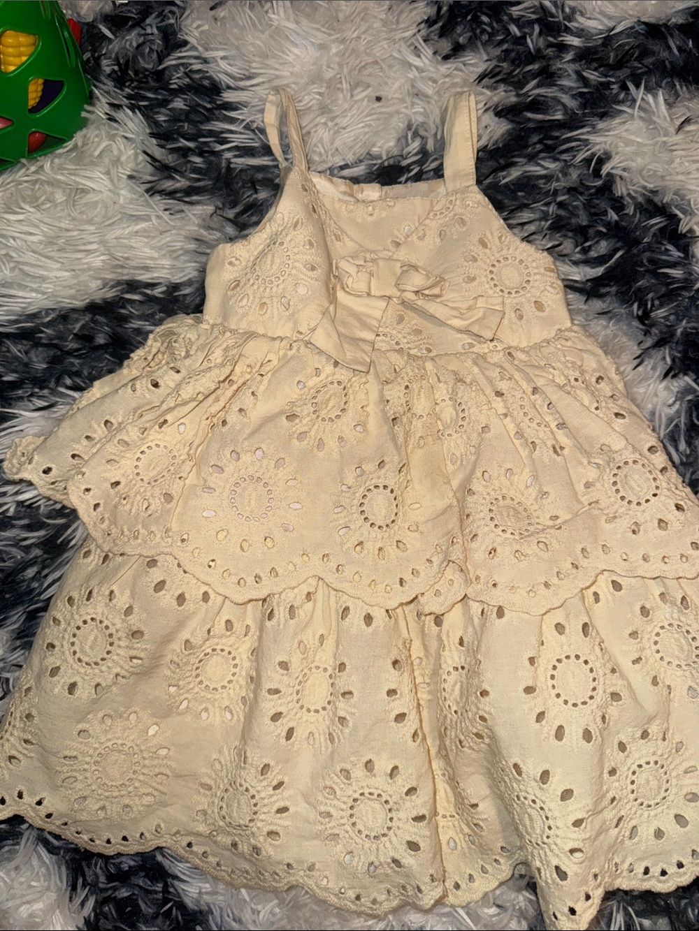 Blueberi Boulevard Cream Eyelet Tiered Dress with Bow Accent
